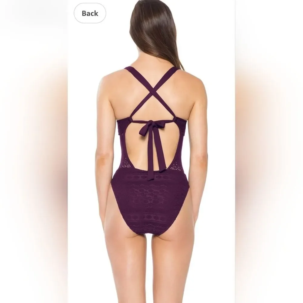 NEW BECCA Swim One Piece Swimsuit Purple Play Crochet Festival Beach Resort XS - Picture 3 of 8